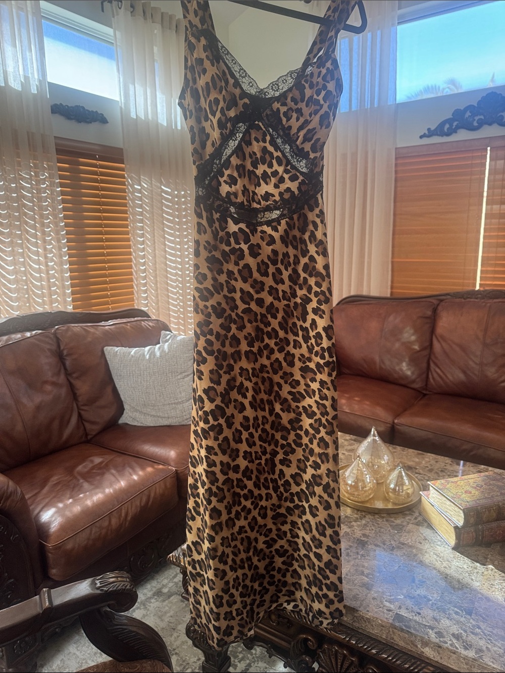 Antropologie Bardot Leopard Print Lace-Trim Slip Dress in Brown